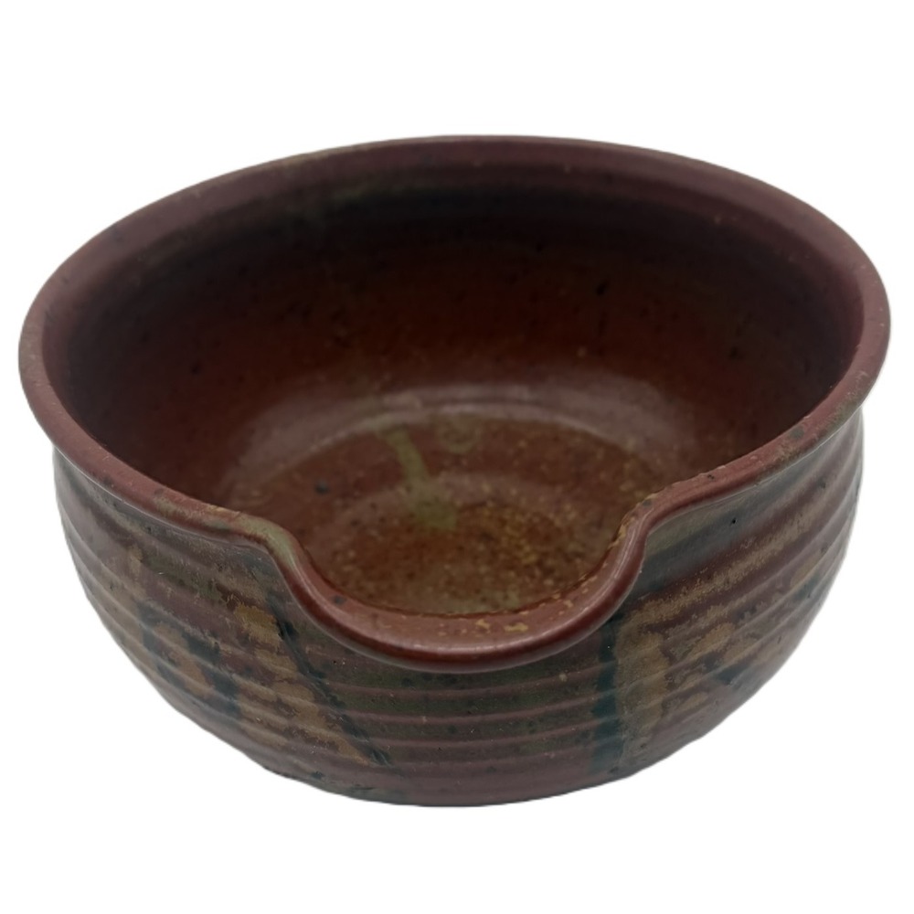 Vintage Signed Studio Pottery Yarn Bowl 8 in Red Brown Speckled Glaze